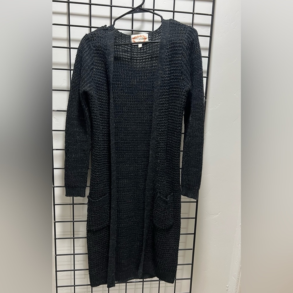 Small Long charcoal duster sweater open knit cardigan​